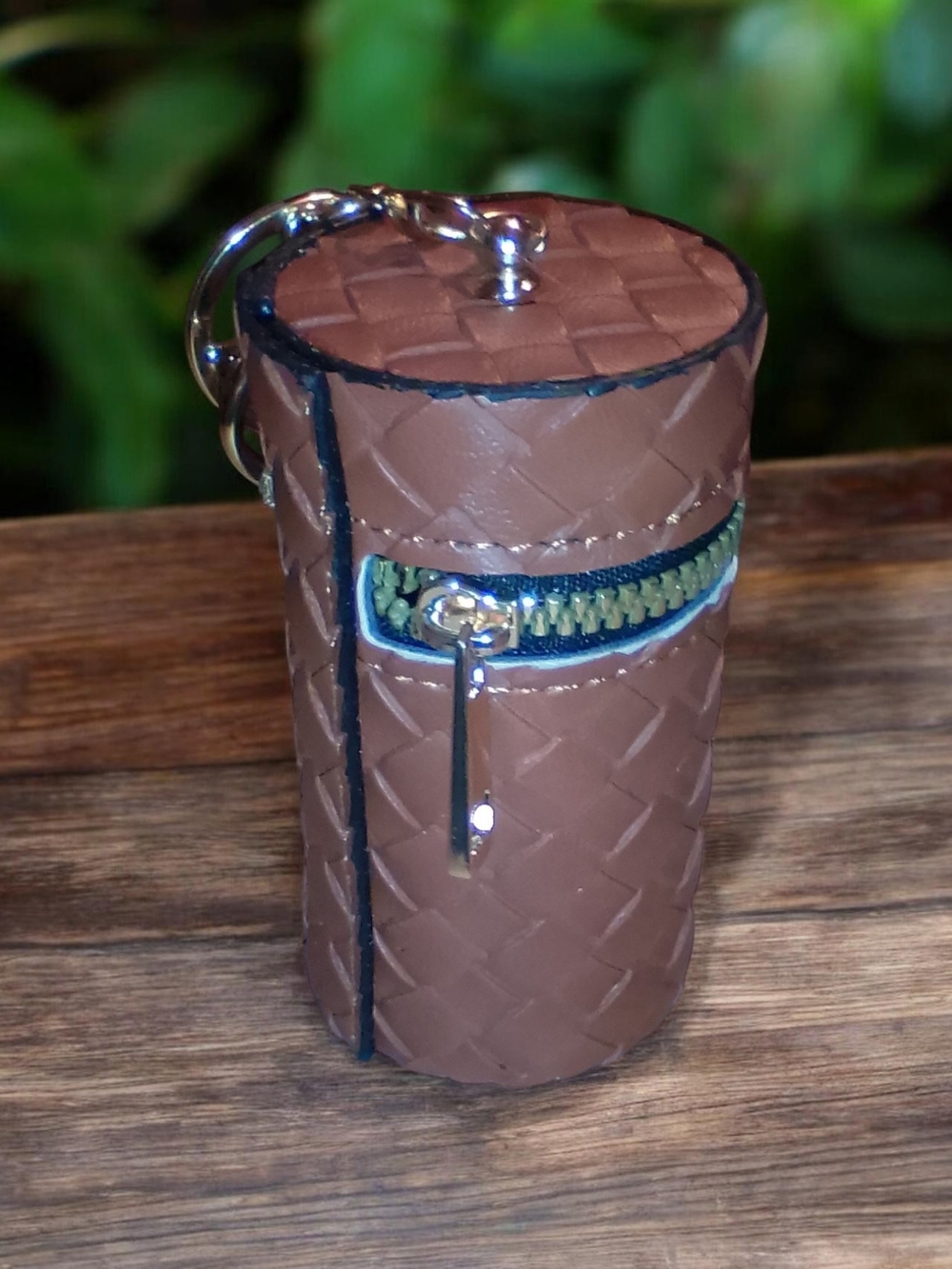 Brown Woven Cylinder Keychain Pouch